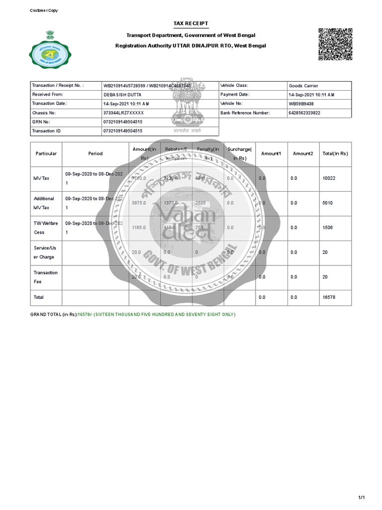 Tax Receipt Transport Department, Government of West Bengal