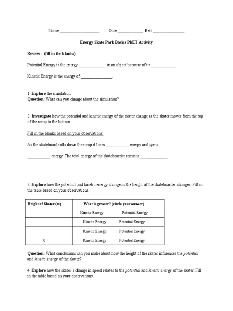 Energy Skate Park Student Guide | PDF | Kinetic Energy | Potential Energy