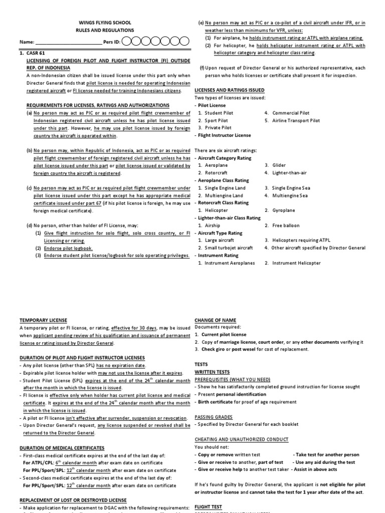 CASR Indonesia Rules and Regulations CASR For PPL | PDF | Visual Flight ...