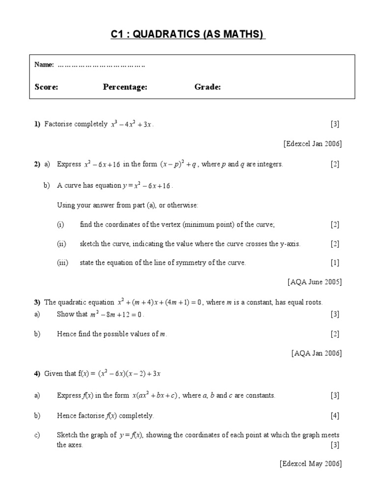 C1: Quadratics (As Maths) : Score: Percentage: Grade | PDF | Quadratic ...