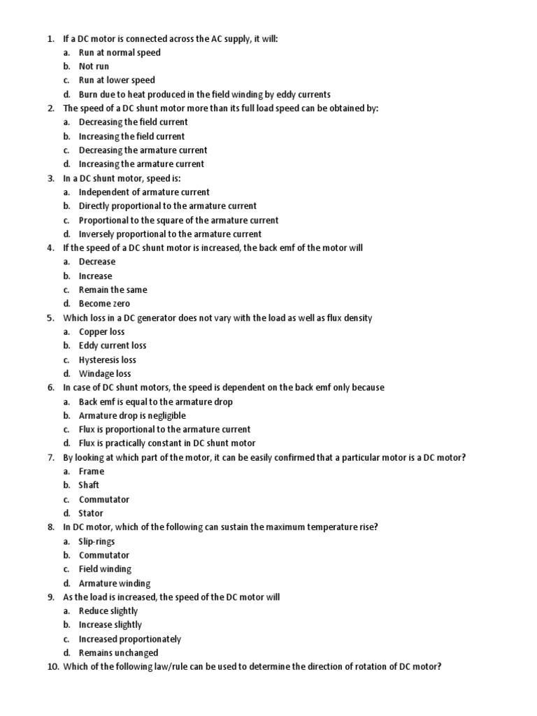 DC Motor Quiz PDF Electric Motor Electrodynamics