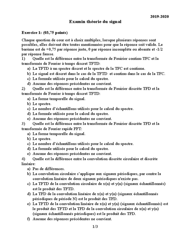Examen Théorie du Signal 2019-2020 | PDF | Transformation de Fourier ...