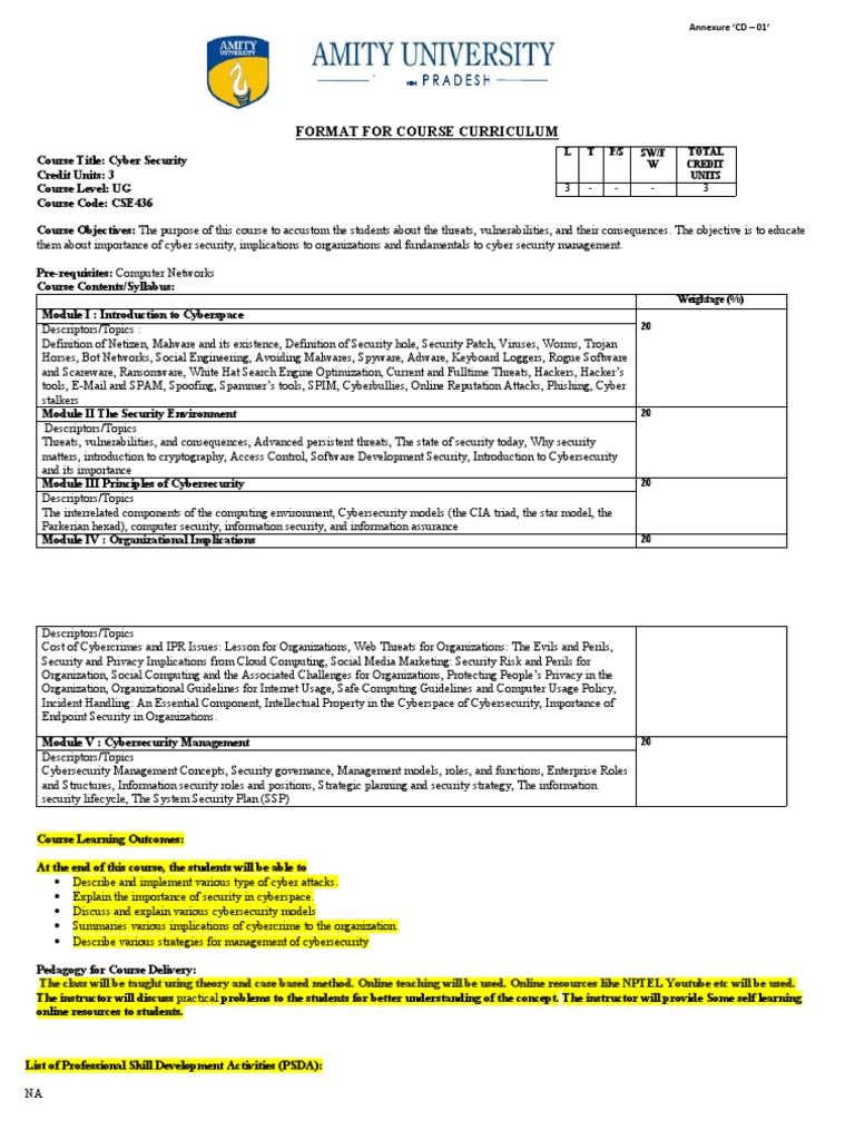 Format For Course Curriculum: Annexure CD - 01' | PDF | Security ...