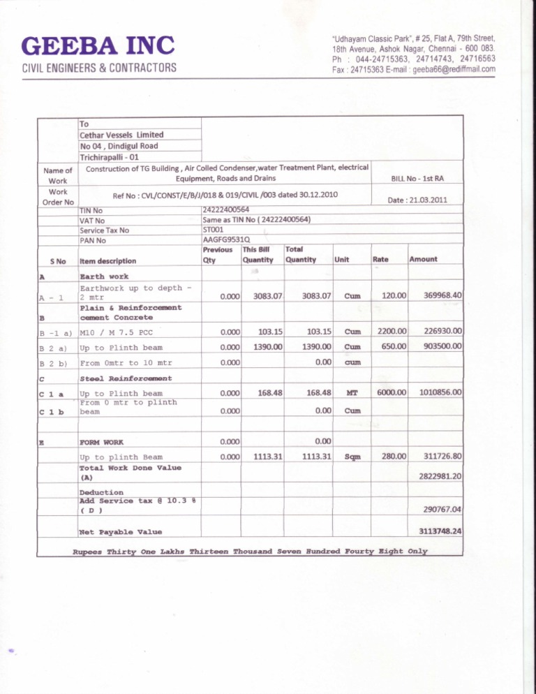RA Bill Format for Civil Work | PDF | Government Finances | Taxes