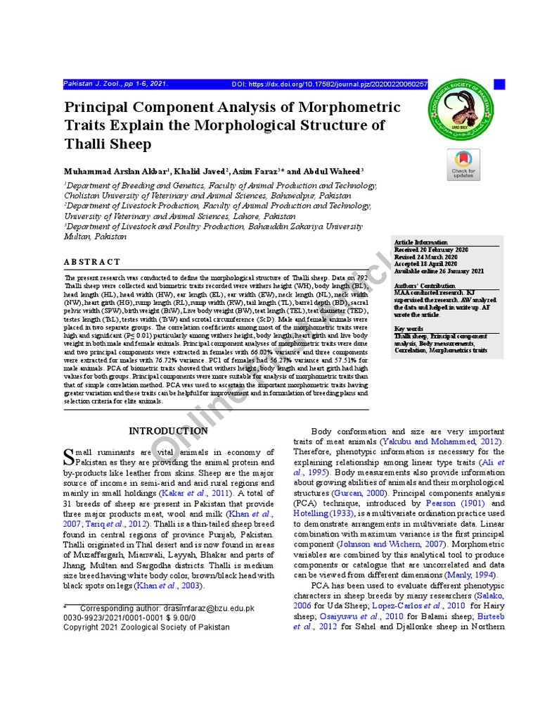 Principal Component Analysis of Morphometric Traits Explain The ...