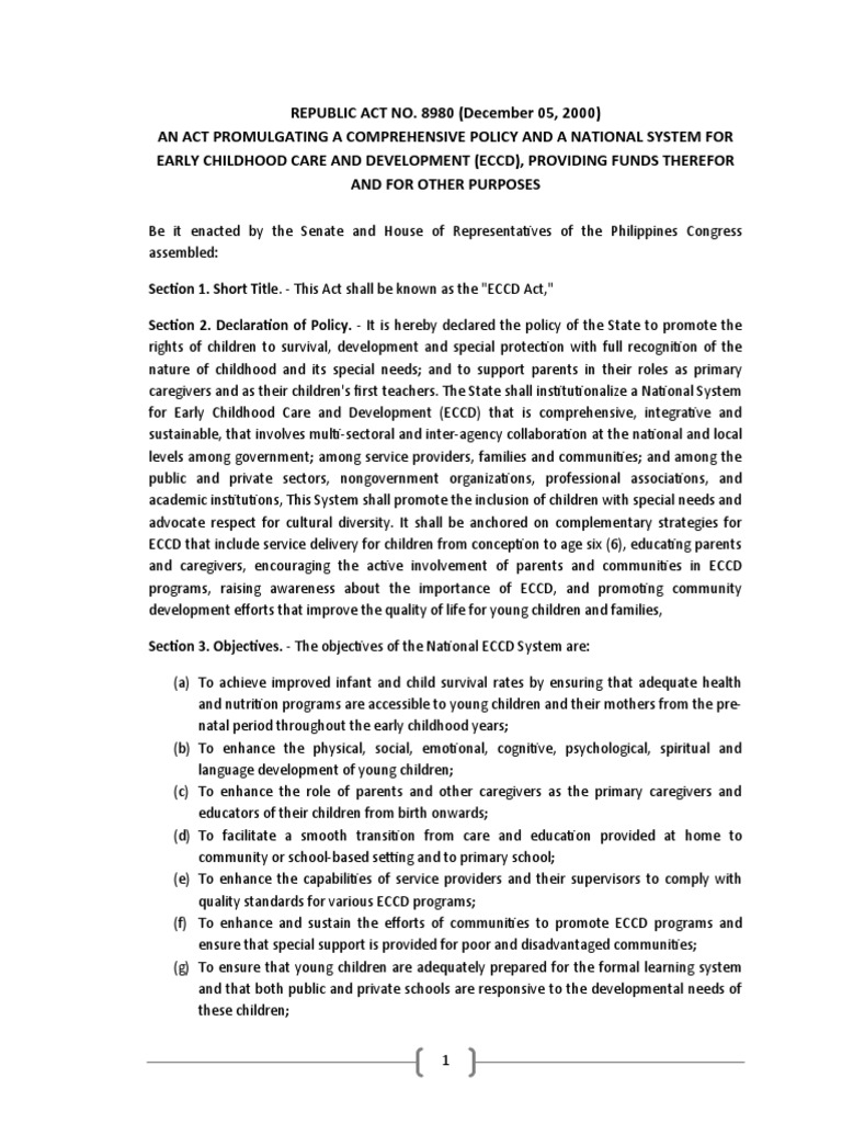 ECCD Act: Framework for Early Childhood Care | PDF | Teachers | Curriculum