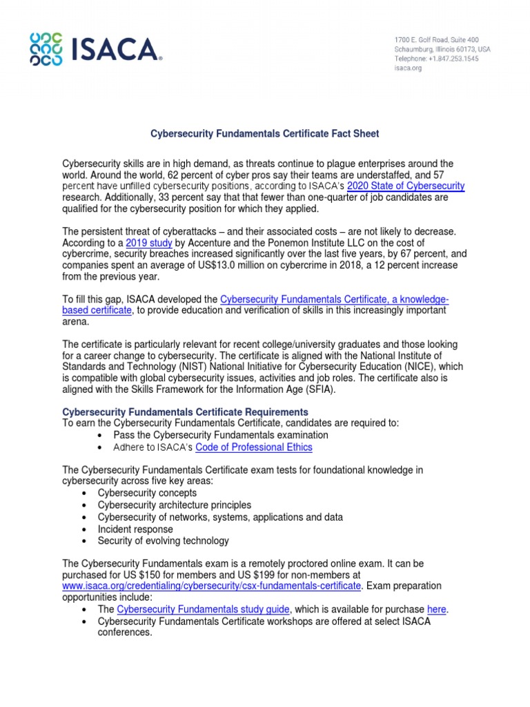 ISACA - Cybersecurity-Fundamentals-Certificate-Fact-Sheet - 0420 | PDF ...