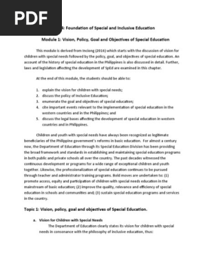 ED 104 Module 1 Vision, Policy, Goal and Objectives of Special Education