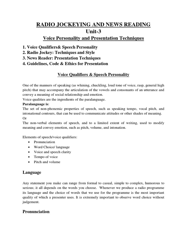 Radio Jockeying and News Reading Unit3 Voice Personality and