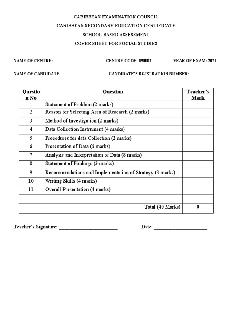 Social Studies SBA Mark Scheme 2021 | PDF