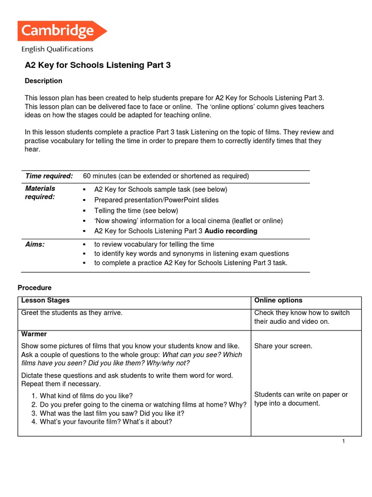 A2 Key Listening Part 3 Lesson Plan | PDF | Lesson Plan | Question