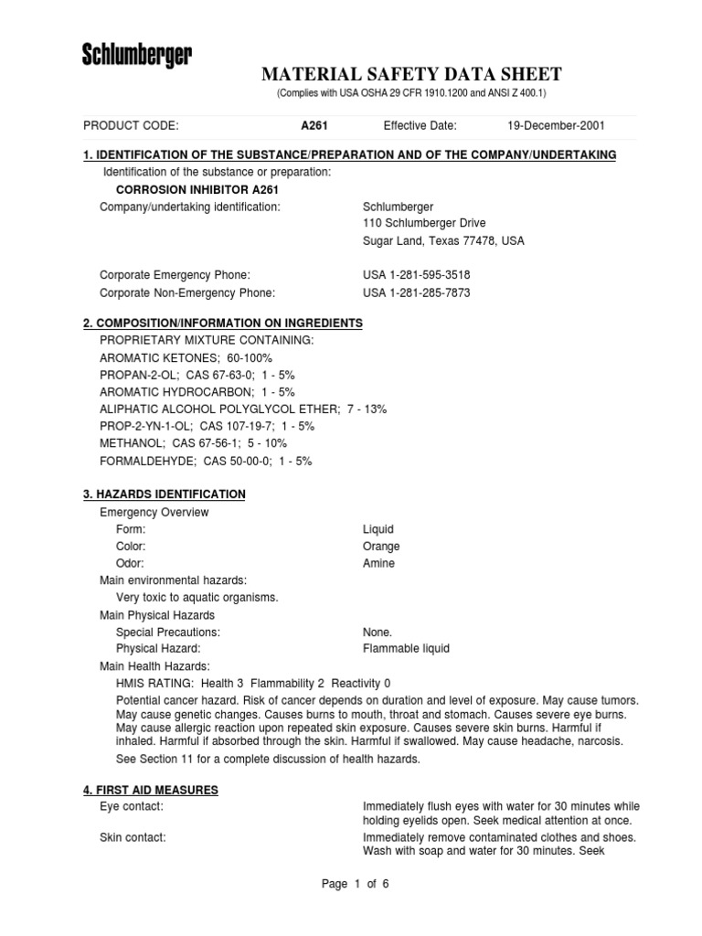 A261-Schlumberger Corrosion Inhibitor A261 | PDF | Dangerous Goods ...