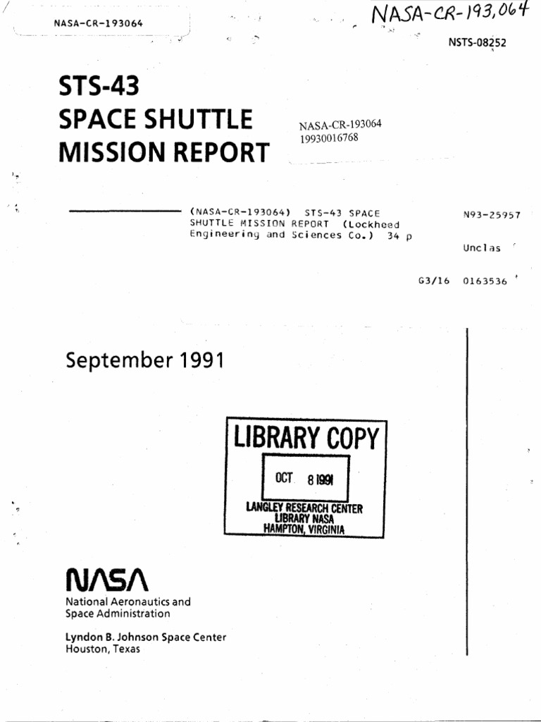 STS-43 Space Shuttle Mission Report | PDF | Space Shuttle Solid Rocket ...