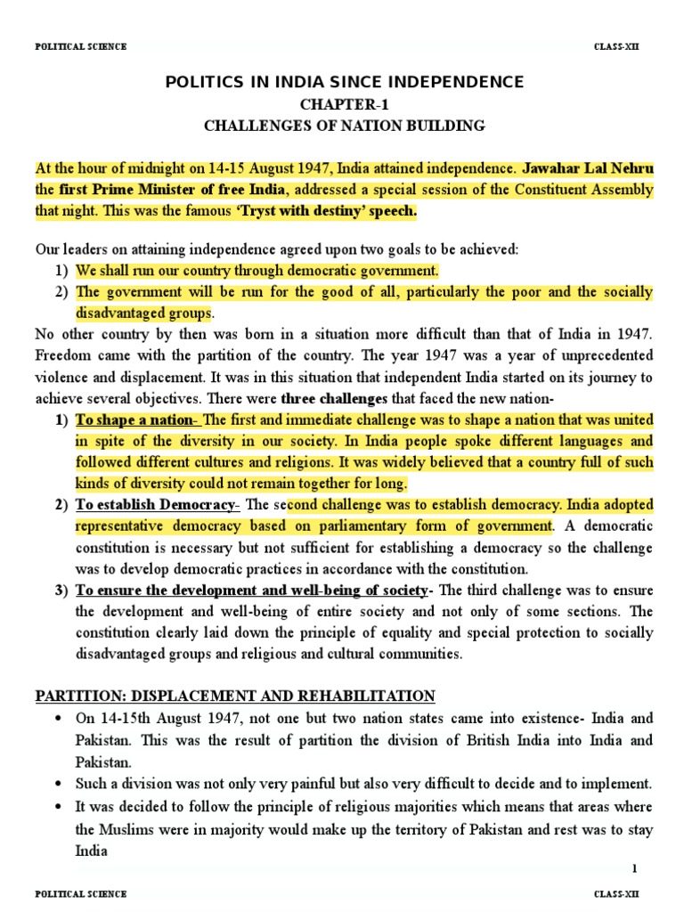 12 Political Science Challenges of Nation Building Notes VL PDF