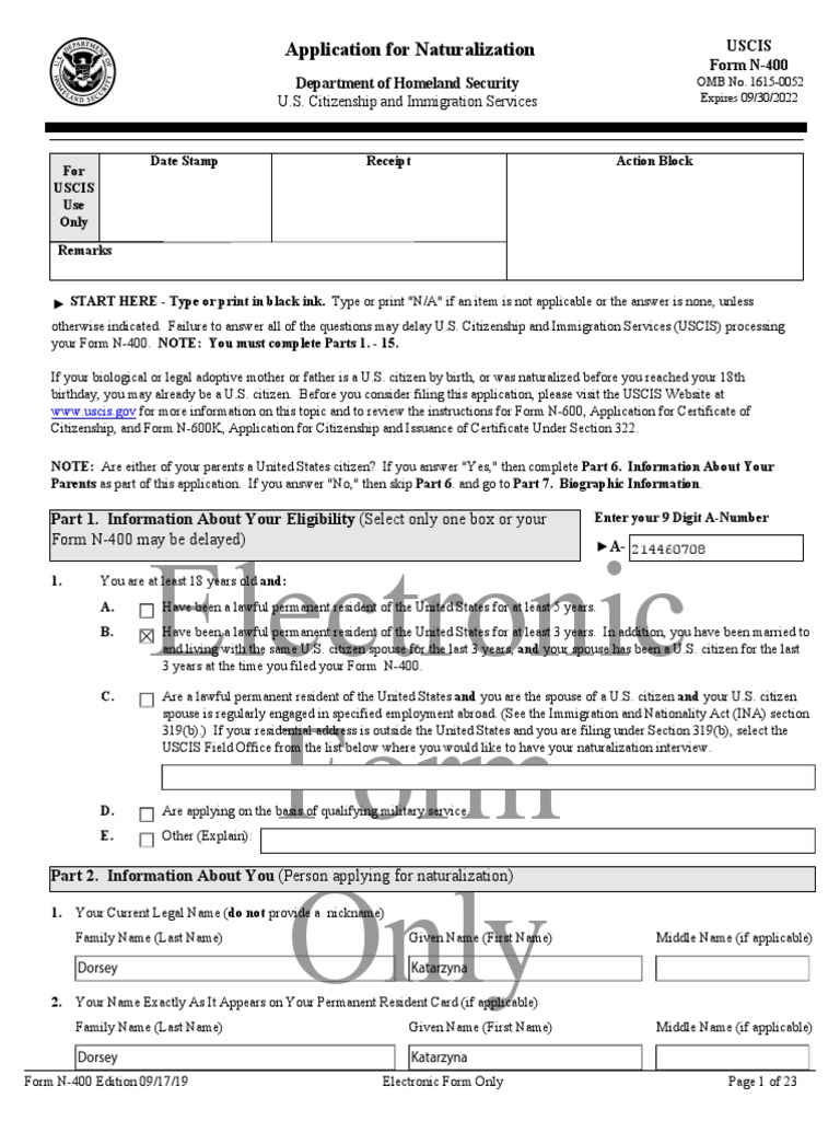 Electronic Form Only: Application For Naturalization | PDF | Race And ...