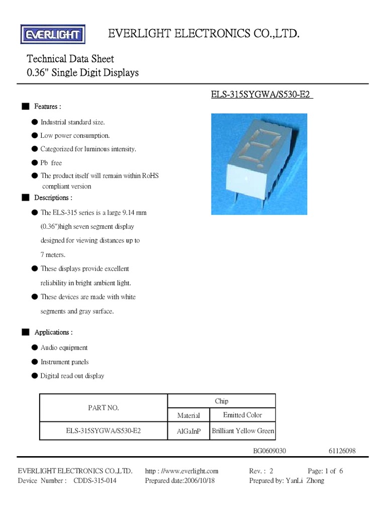 Everlight Electronics Co.,Ltd. Technical Data Sheet 0.36" Single Digit