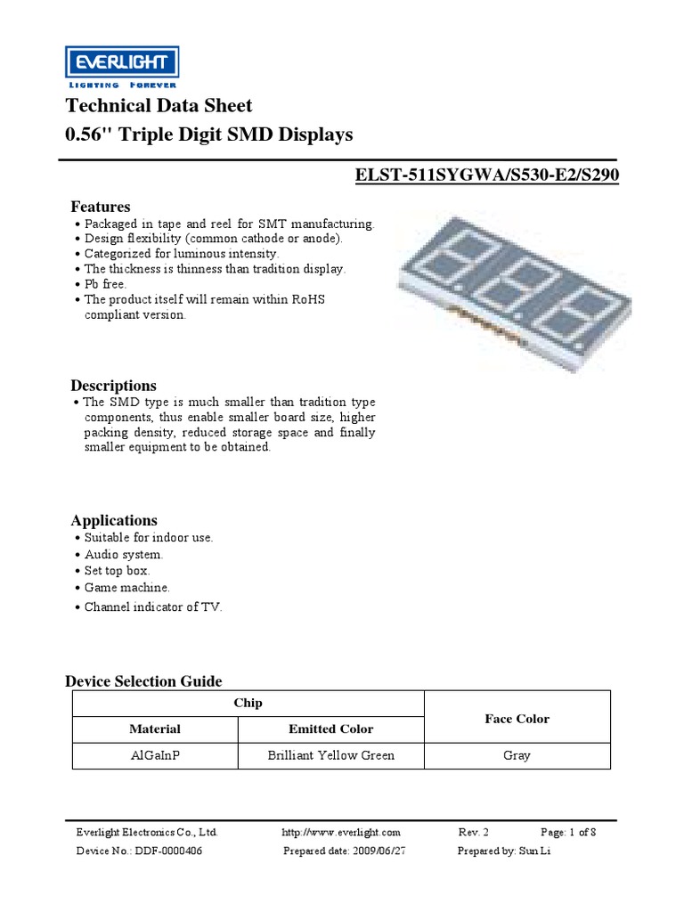 Technical Data Sheet 0.56" Triple Digit SMD Displays: ELST-511SYGWA ...