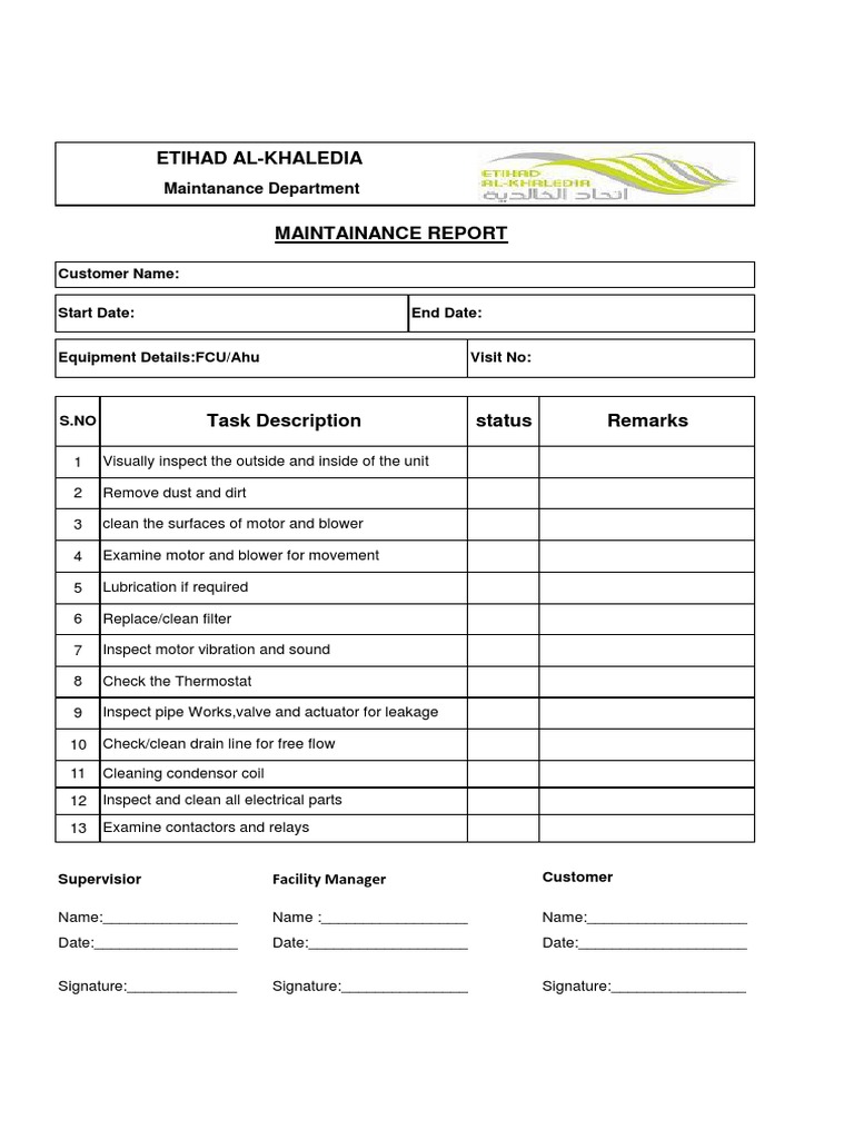 Maintenance Report for FCU/AHU Equipment | PDF | Technology & Engineering
