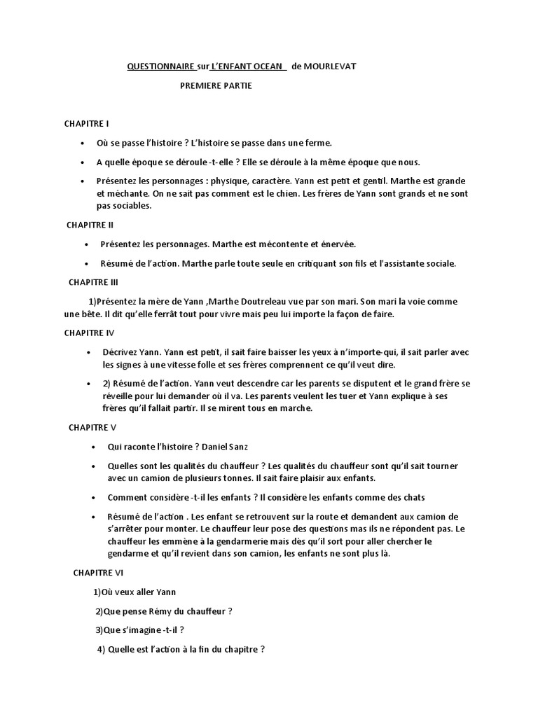 Questionnaire sur L'Enfant Océan | PDF | Voyages | Mystère, thriller et ...