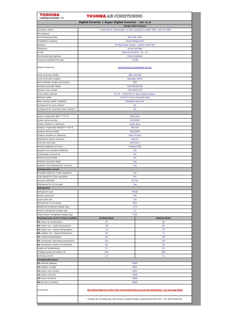 Toshiba VRF Commissioning Sheet Template | PDF | Air Conditioning ...