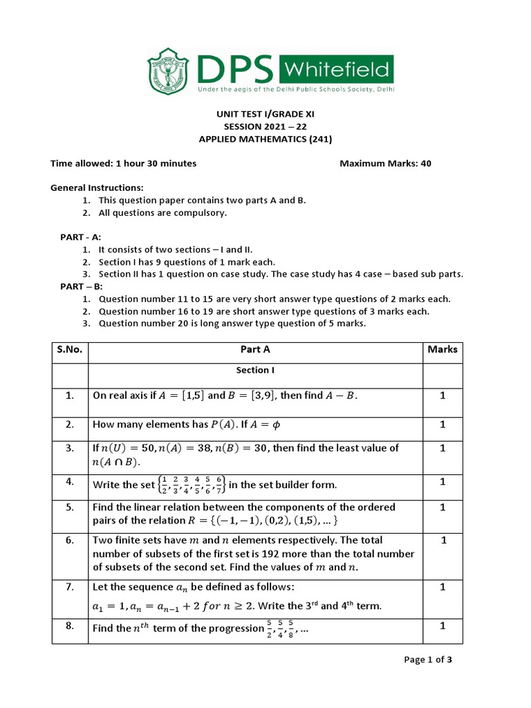 Unit Test I/Grade Xi SESSION 2021 - 22 Applied Mathematics (241) Time ...
