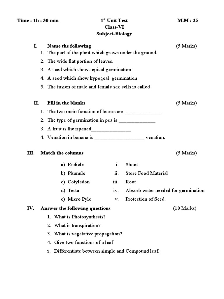 Time: 1h: 30 Min 1 Unit Test Class-VI Subject-Biology M.M: 25 | PDF ...