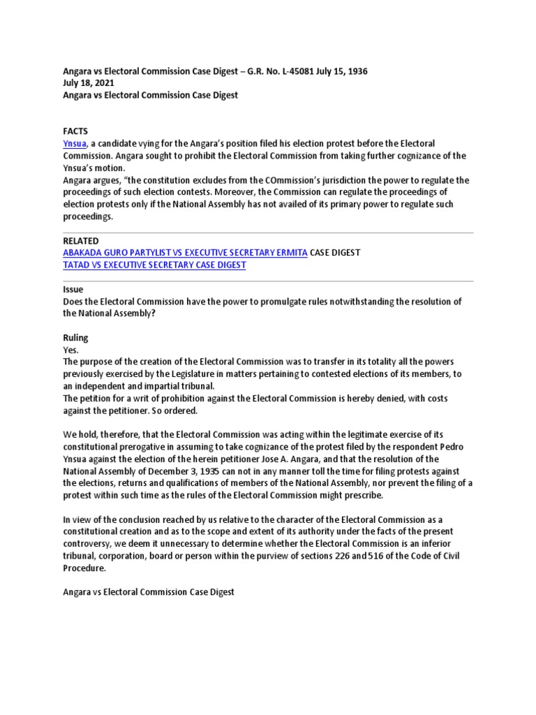 Angara vs Electoral Commission Digest | PDF