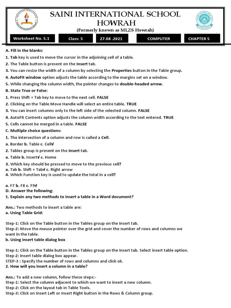 Class 5 Comp - Worksheet 5.1 | PDF | Cursor (User Interface) | Table ...