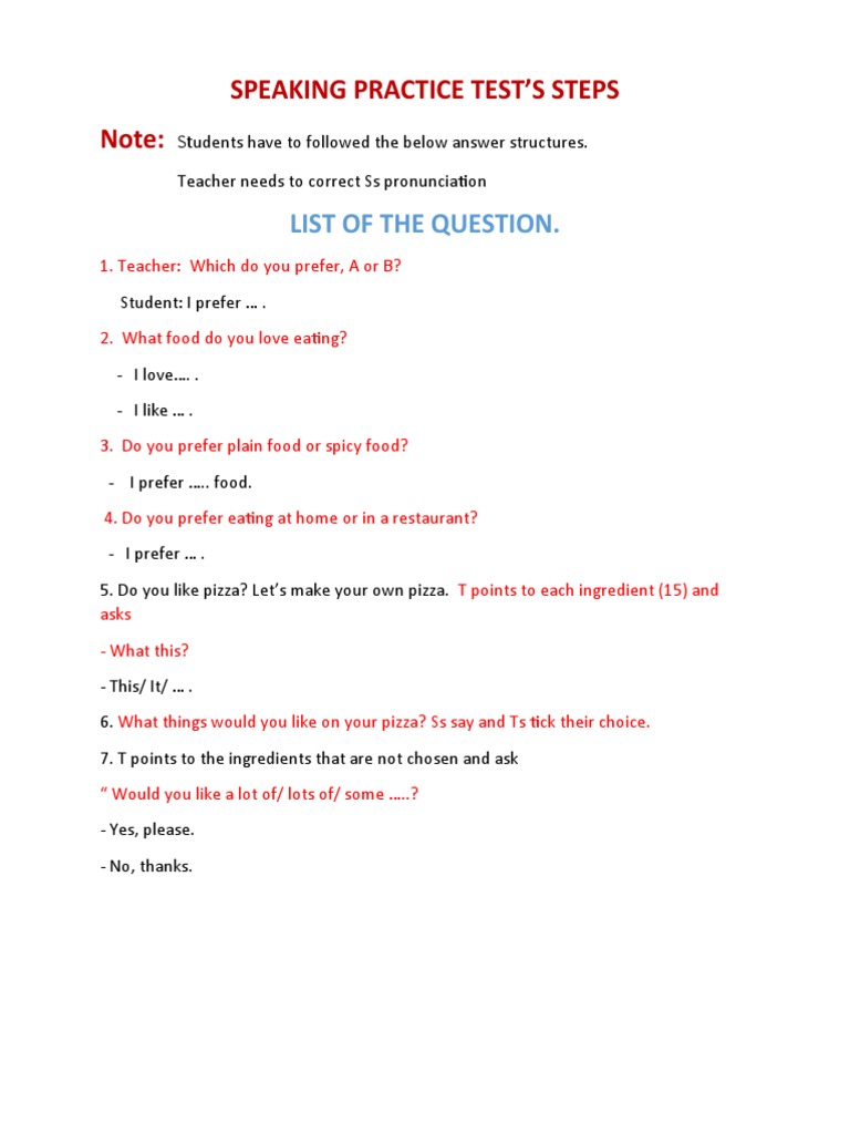 Speaking Practice Test'S Steps: List of The Question | PDF | Cooking ...