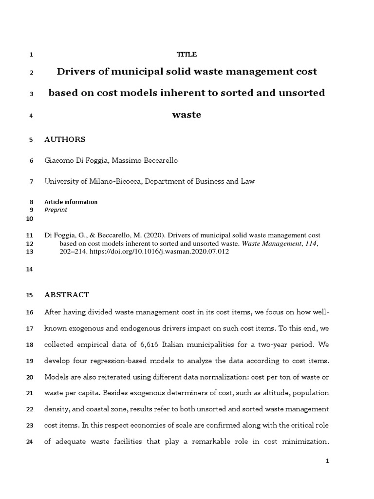 Drivers of Municipal Solid Waste Management Cost Based On Cost Models