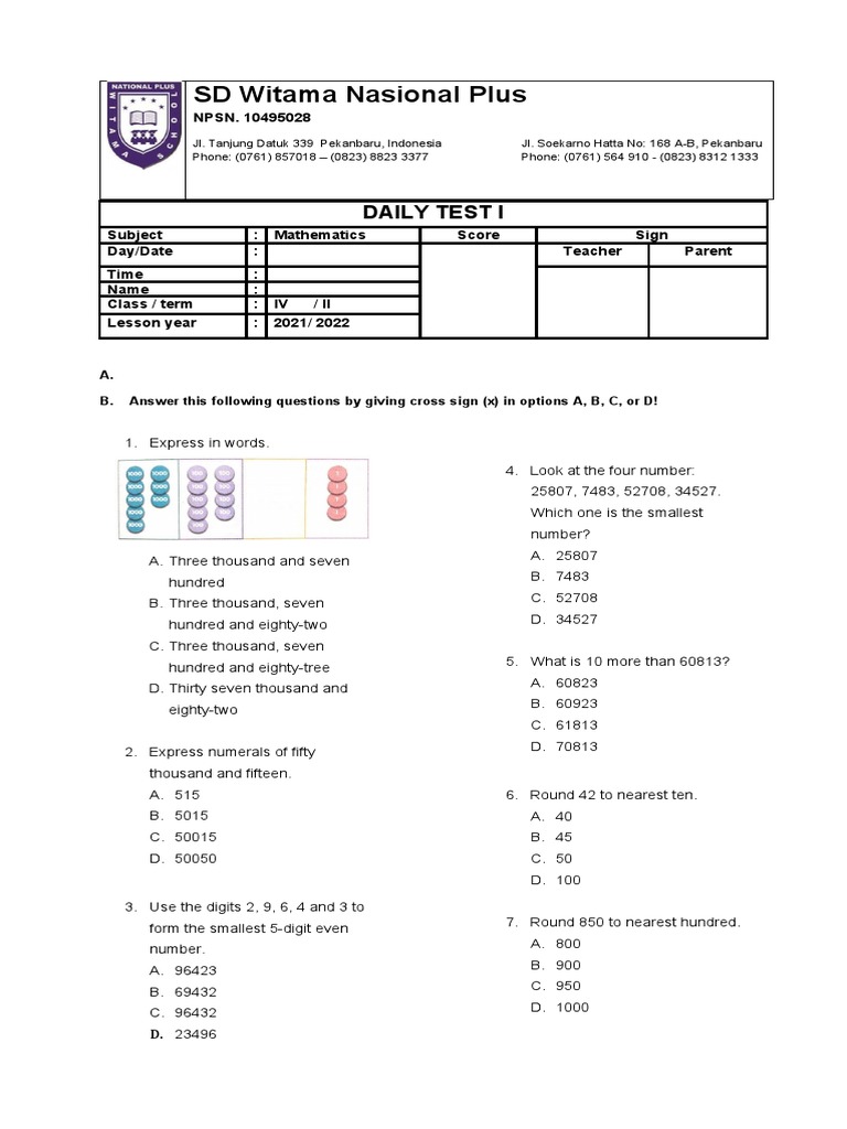 Grade 4 Math Test | PDF | Mathematics