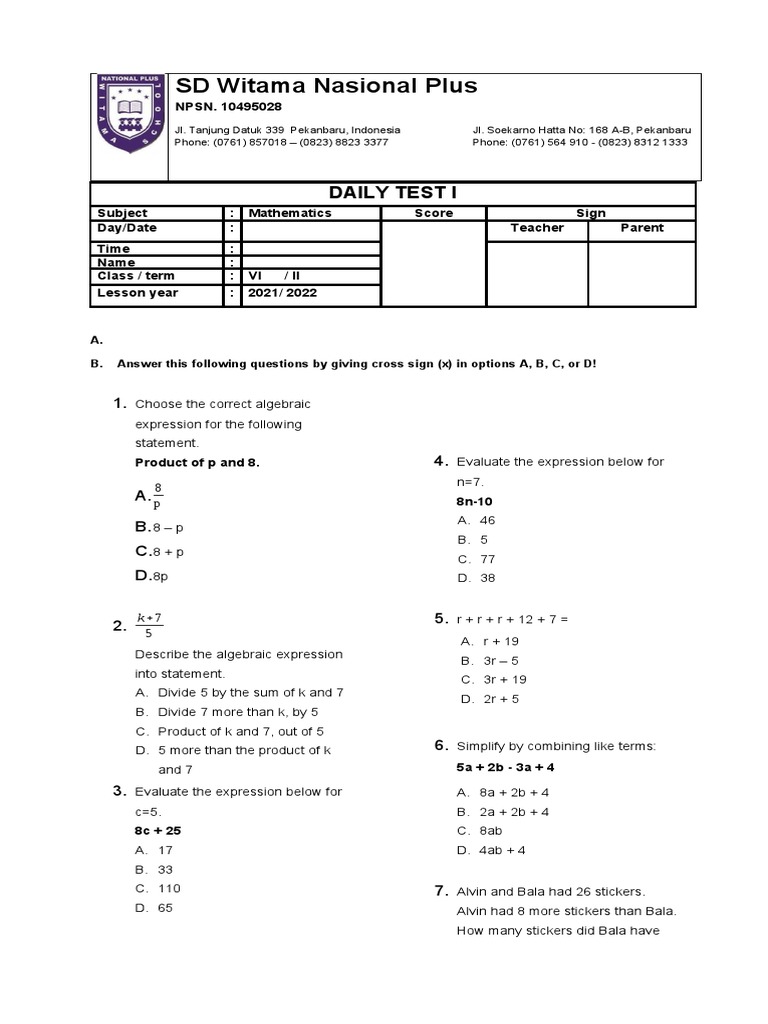 Algebraic Word Problems Test | PDF | Mathematics | Mathematical Objects
