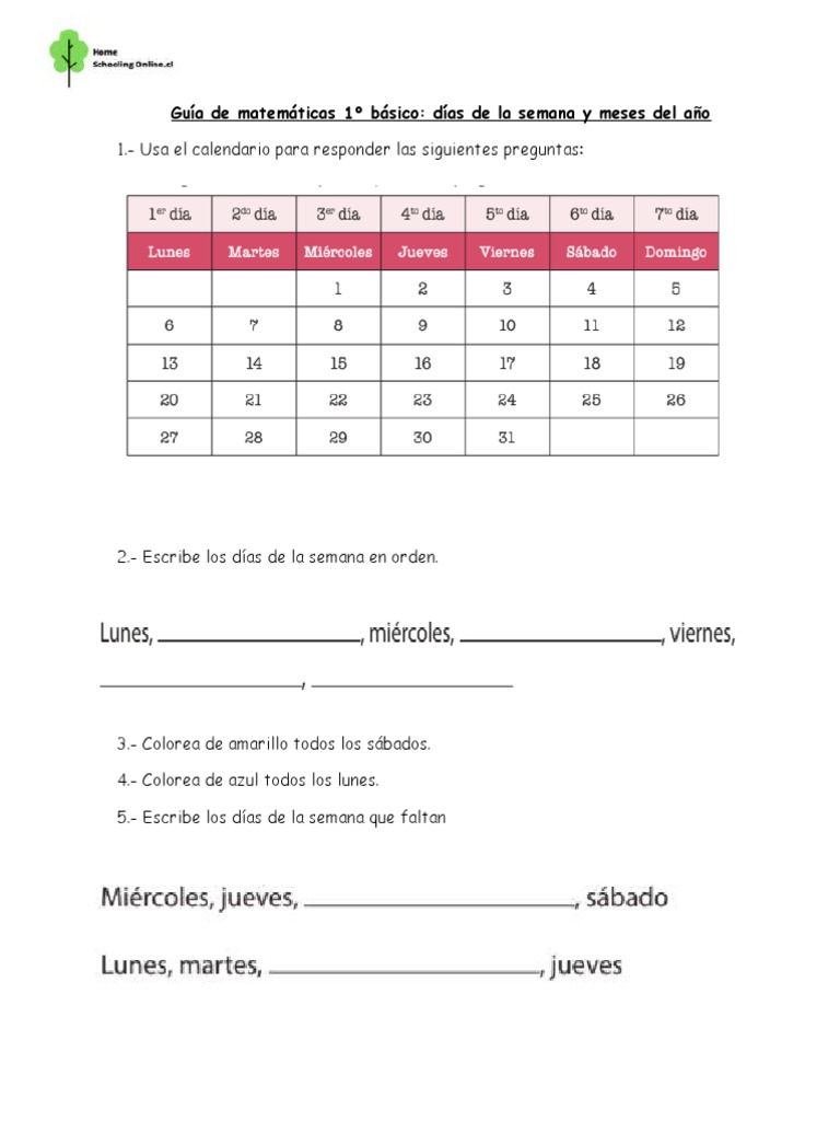 Guía de Matemáticas Días de La Semana y Meses Del Año | PDF | Artes del ...