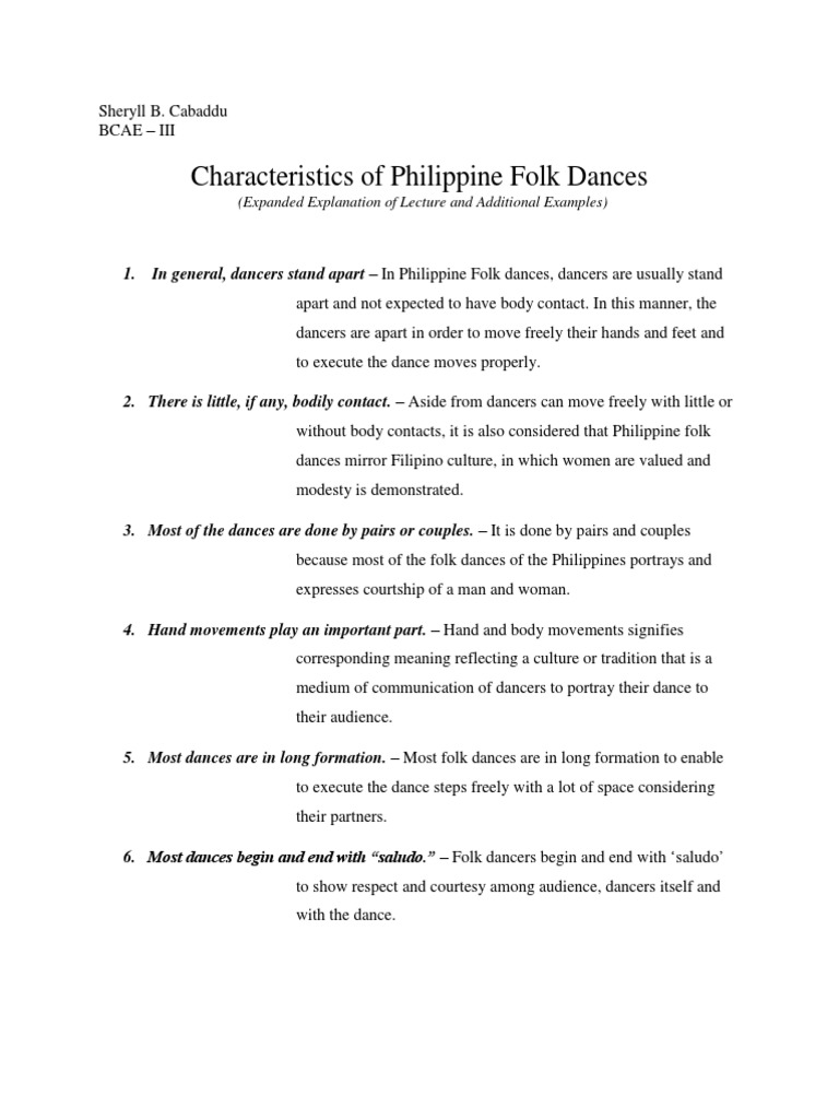 Characteristics of Philippine Folk Dances: (Expanded Explanation of Lecture  and Additional Examples) | PDF | Dances | Folk Music