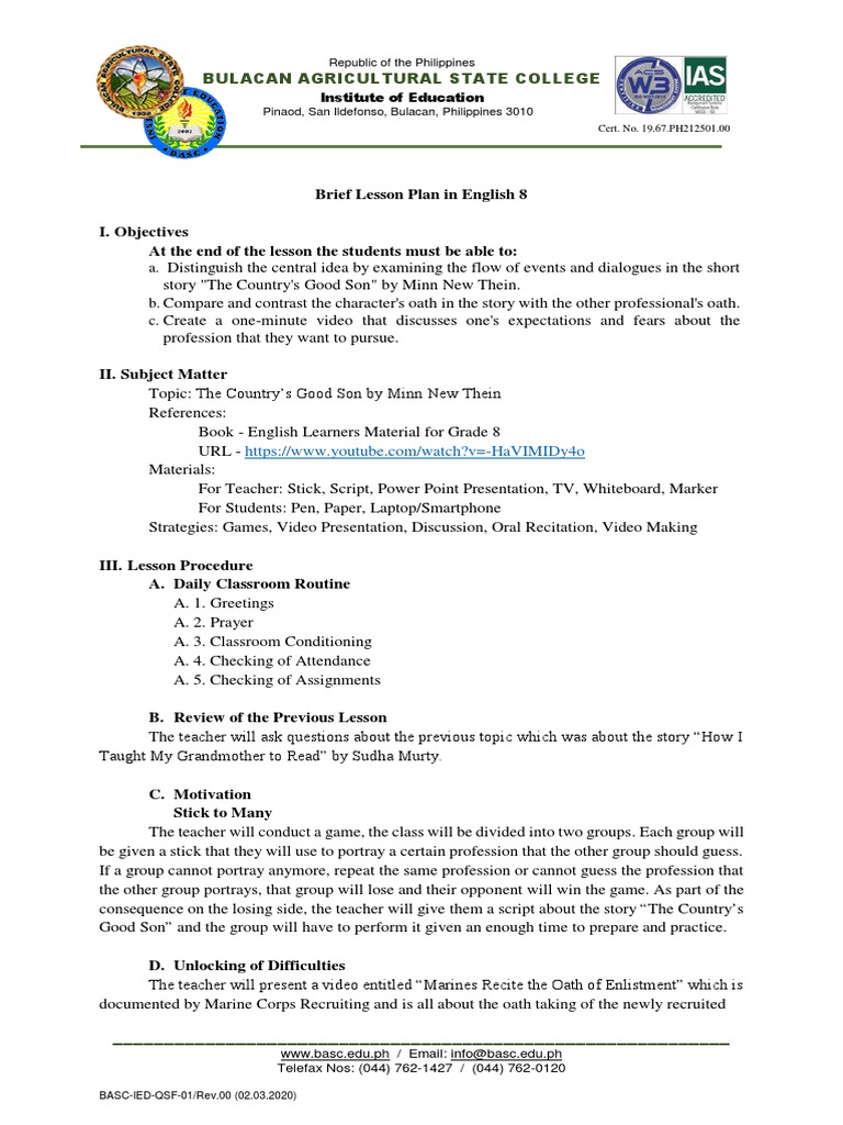 Brief Lesson Plan PDF Teachers Lesson Plan