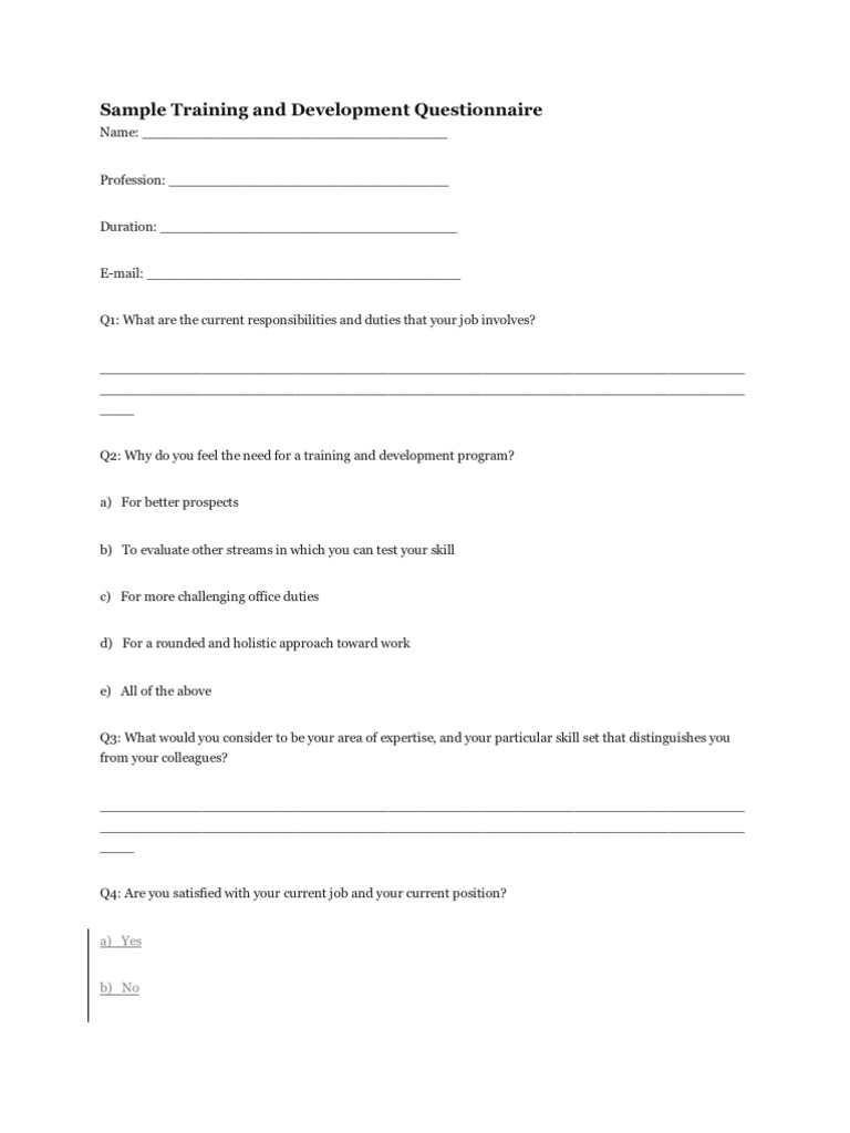 Sample Training and Development Questionnaire Business Behavior