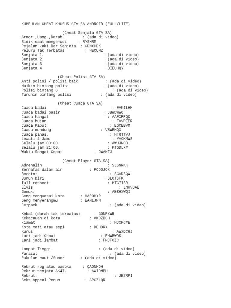 Kumpulan Cheat Gta Sa Android PDF