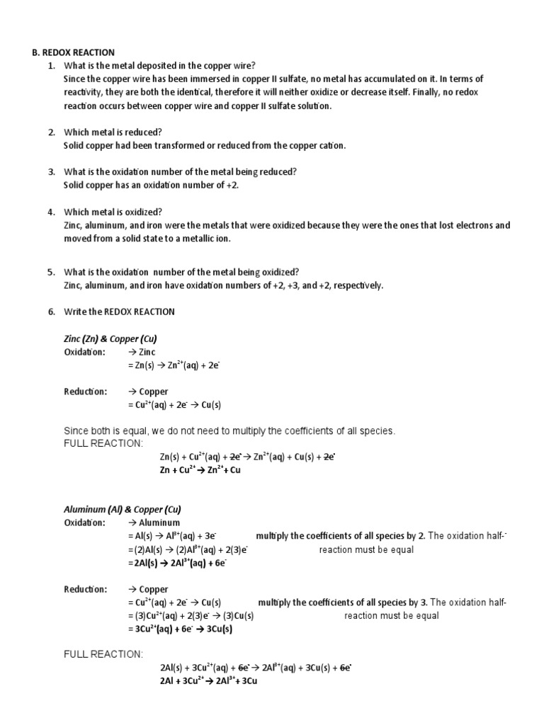 B. Redox Reaction Zinc (ZN) & Copper (Cu) PDF Redox Metallic