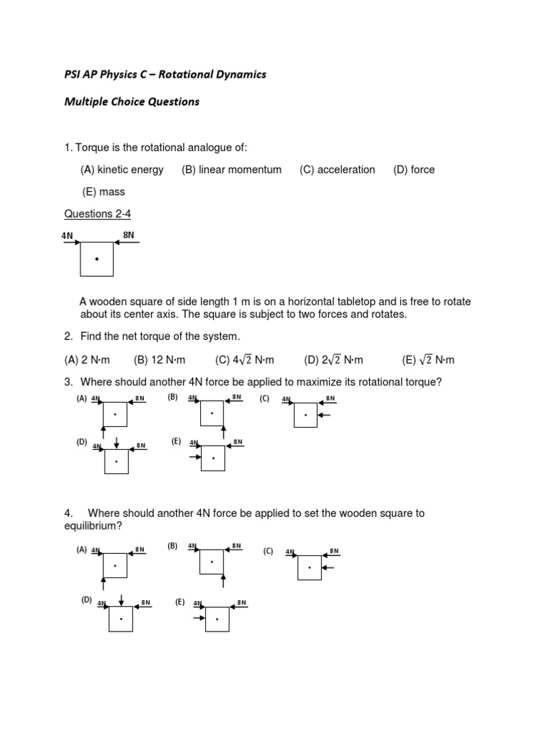 PSI AP Physics C Rotational Dynamics Multiple Choice Questions PDF