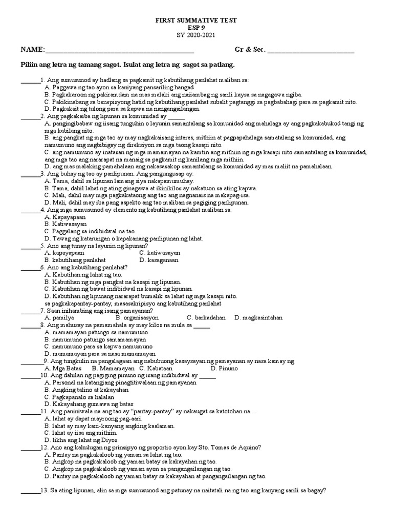 First Summative Test Esp 9 | PDF