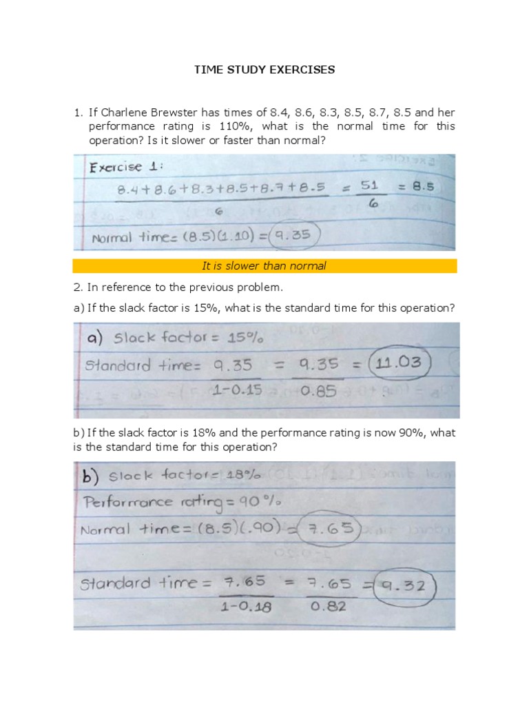Time Study Exercises and Calculations | PDF | Teaching Methods ...