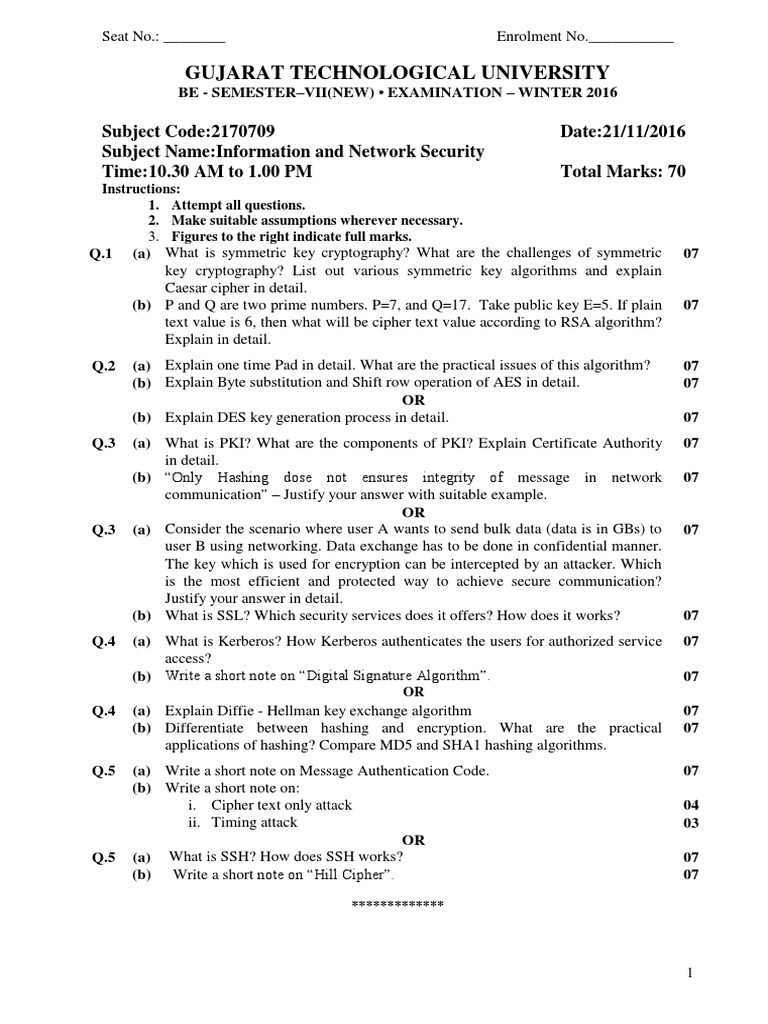 GTU BE Semester VII Exam on Information and Network Security PDF