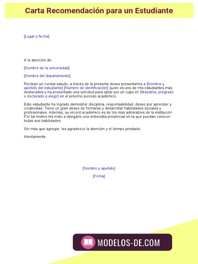 Carta de Recomendacion para Un Estudiante | PDF | Crecimiento personal y  profesional | Negocios, image size:768x1024