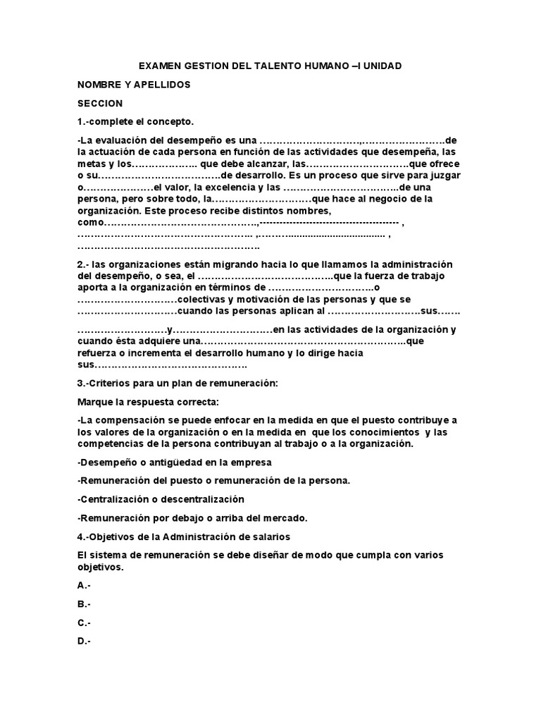 Examen Gestion Del Talento Humano | PDF | Salario | Evaluación de desempeño