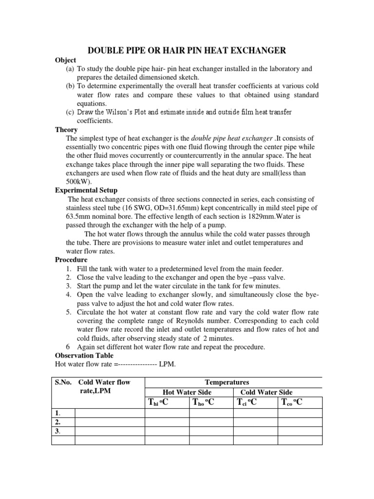Double Pipe Hair Pin Heat Exchanger Study | PDF | Heat Exchanger | Flow ...