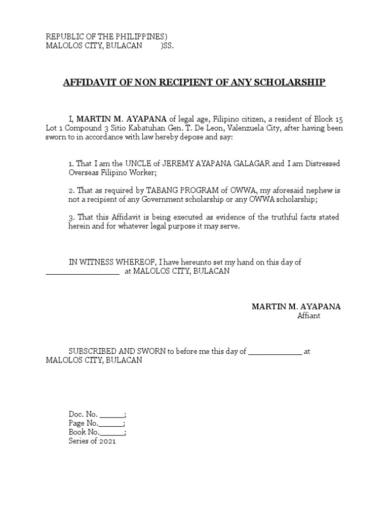 Affidavit of Non Recipient of Any Scholarship 1 | PDF | Politics ...