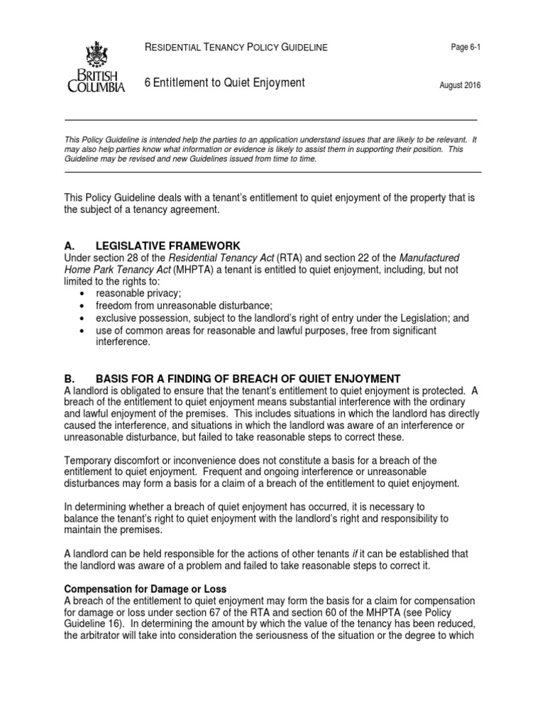 A Guide to Residential Tenants' Right to Quiet Enjoyment Legislative
