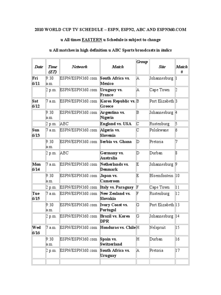 2010 World Cup Espn TV Schedule | PDF | National Association Football ...