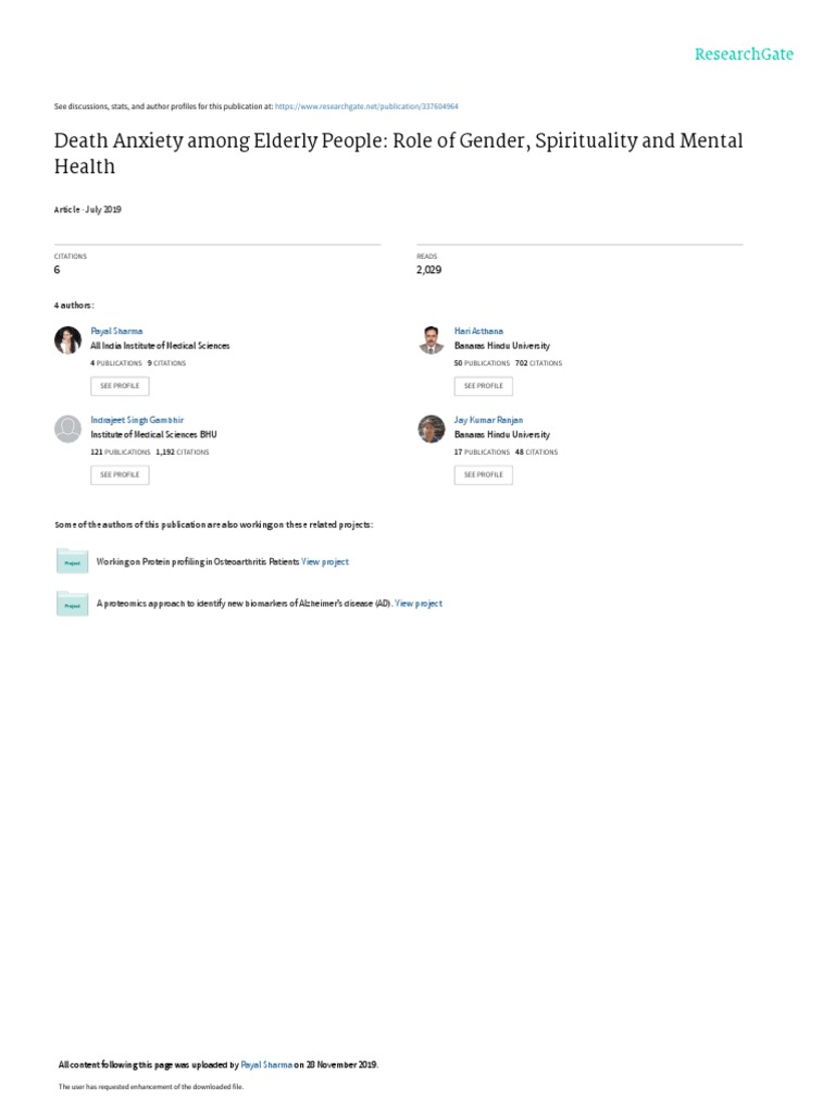 Death Anxiety Among Elderly People: Role of Gender, Spirituality and ...