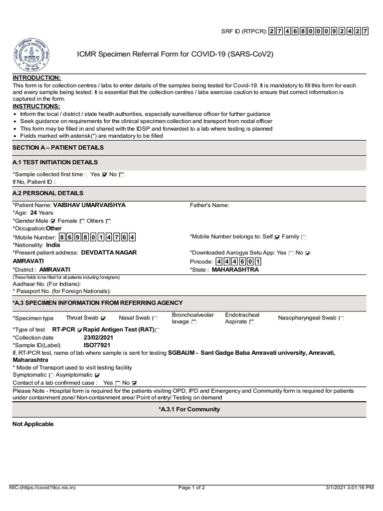 COVID-19 Sample Collection Form | PDF | Diseases And Disorders ...